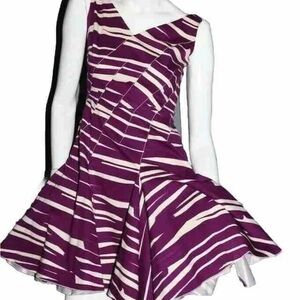 Oscar de la Renta Purple White V-Neck Sleeveless Drop Waist Mini Dress